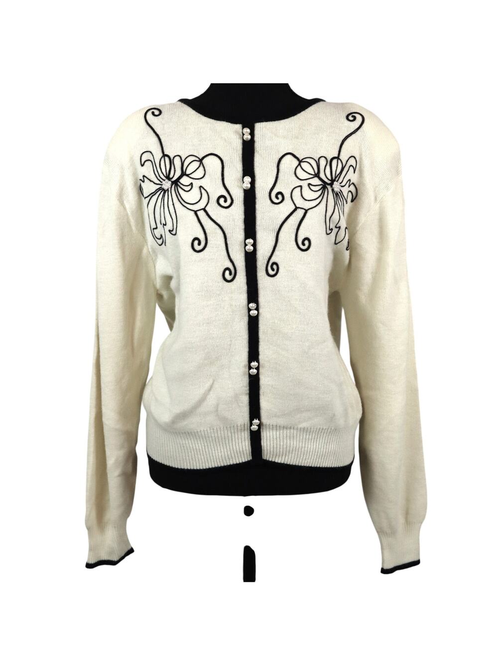 Vintage 80s Cardigan Pullover Sweater Embroidered  Flower Pearls PL Petite Large